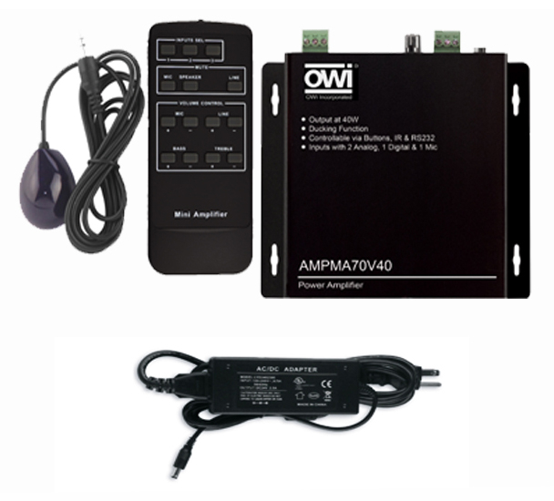 AMPMA70V40: Digital, 70 Volt, Mini Amplifier/Mic Mixer/ with Remote Control